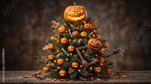 Spooky Halloween tree centerpiece with glowing jack-o-lanterns and a monster figure.