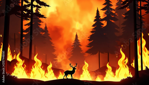Plakat Wildfire with deer silhouette in burning woods