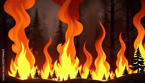 Stylized wildfire wall with black pine silhouettes