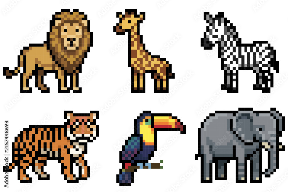 Naklejka premium Collection of pixel art safari animals including lion giraffe zebra tiger toucan and elephant