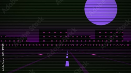 Retro synthwave city street animation with purple moon and scanlines