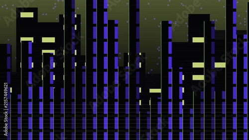 Stylized 8-bit Pixel Art City Skyline Animated at Night
