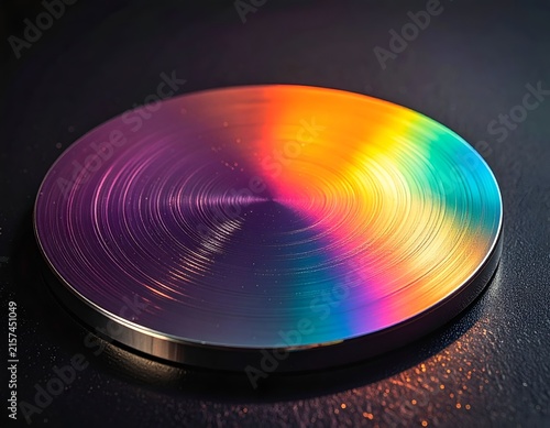 Circular iridescent metal with vibrant rainbow patterns.