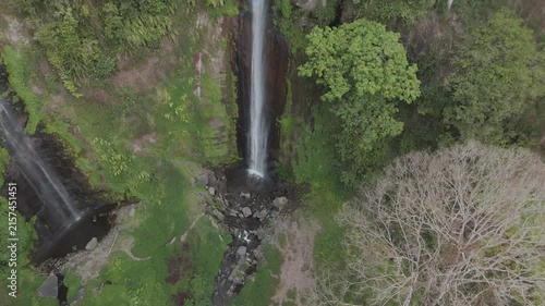 Majestic Waterfalls Surrounded by Lush Greenery and Scenic Rocky Terrain Captured from Above
