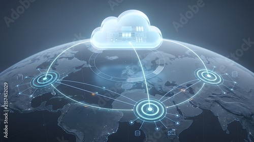 Global cloud computing network infrastructure on world map representing international data storage and connectivity