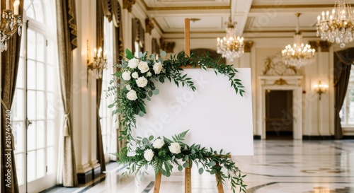 Elegant Wedding Sign with Floral Decor in Luxury Ballroom.