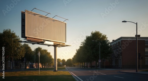 Empty Billboard Along Quiet Urban Street at Sunset.