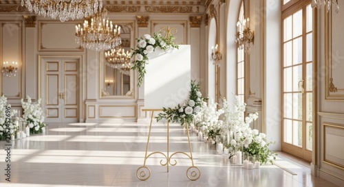 Elegant Ballroom with Floral Decorations and Chandeliers.