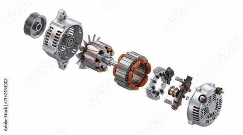 3D exploded diagram of an automotive alternator and its internal components on white.