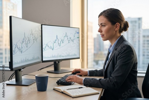 Professional woman working on dual monitors with financial charts