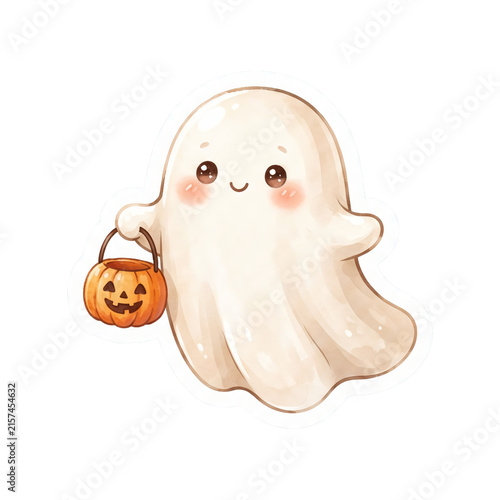 Cute Halloween ghost carrying a jack o lantern