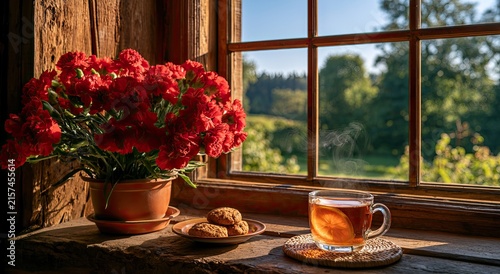 Cozy morning with warm tea and flowers beside a rustic window