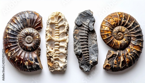 Collection of various fossilized ammonite shells on white background, prehistoric marine creatures with distinct patterns