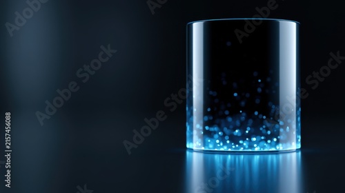A futuristic glowing cylindrical container filled with tiny blue particles, emitting a soft light against a dark, reflective surface. The particles seem to float and swirl within the container.