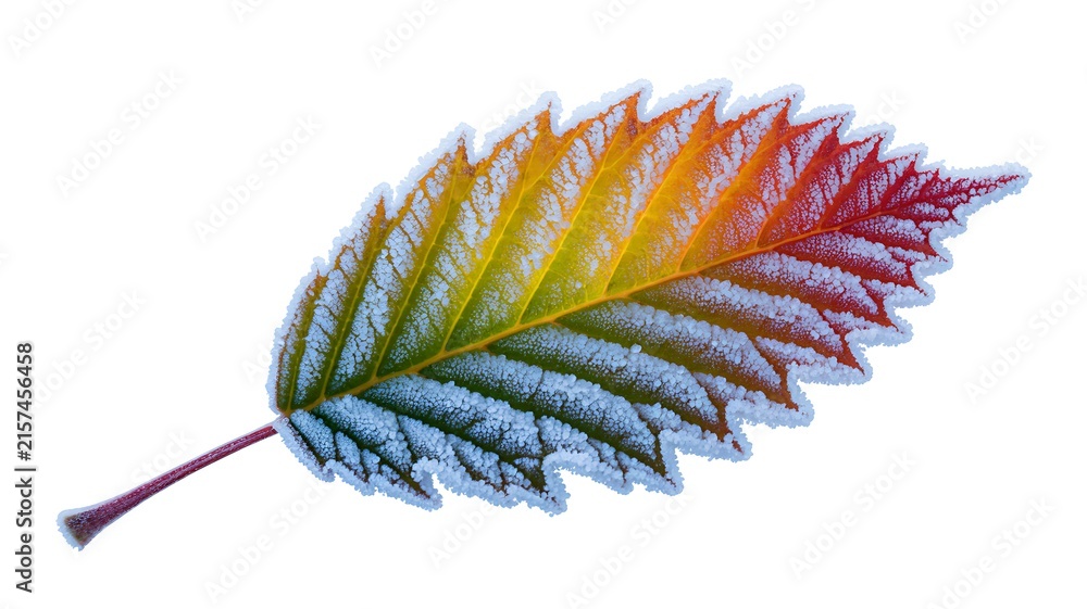 Fototapeta premium Colorful Autumn Leaf Coated in Delicate Frost Crystals Isolated on White Background