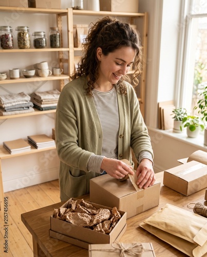 Woman packing gift box in cozy home workshop