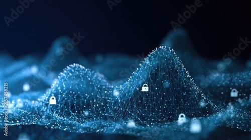 Glowing blue abstract terrain with many glowing white padlock icons