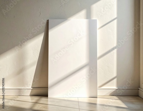 Photorealistic premium blank paper poster mockup, a single vertical A4 sheet of clean warm white matte paper standing upright and slightly leaning against a minimalist off-white wall, soft natural sun