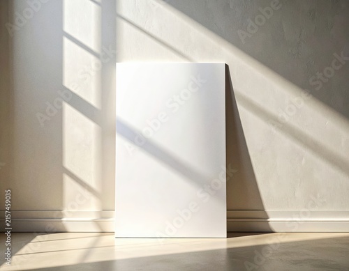 Photorealistic premium blank paper poster mockup, a single vertical A4 sheet of clean warm white matte paper standing upright and slightly leaning against a minimalist off-white wall, soft natural sun