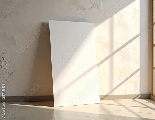 Photorealistic premium blank paper poster mockup, a single vertical A4 sheet of clean warm white matte paper standing upright and slightly leaning against a minimalist off-white wall, soft natural sun