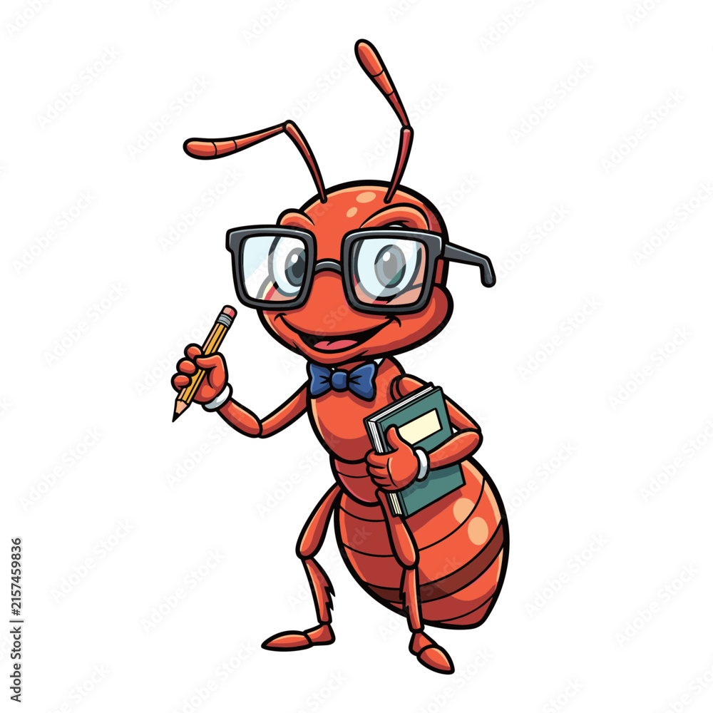Fototapeta premium Cute Cartoon Student Ant Mascot Wearing Glasses Holding Pencil and Notebook