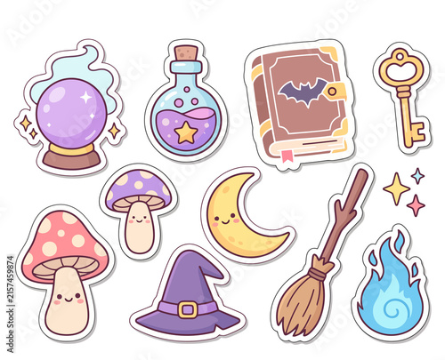 Obraz na płótnie Magic witch aesthetic sticker pack with crystal ball purple potion bottle mushroom and sorcerer hat on checkered background