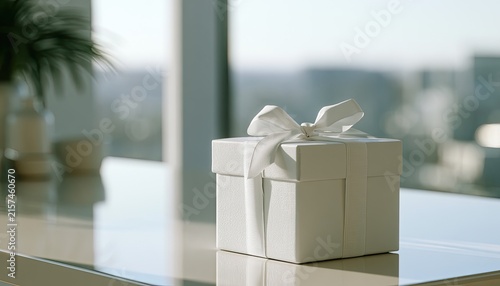 A neatly wrapped white gift box with a satin ribbon sits on a surface