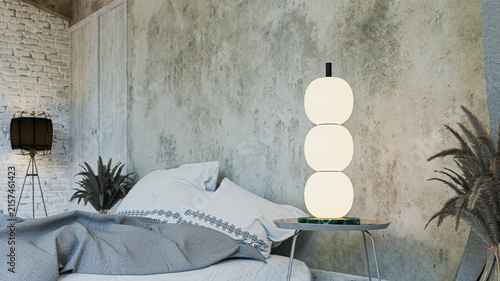 Foto A photorealistic 3D rendering of a cozy industrial bedroom interior featuring a comfortable bed with grey bedding, a textured concrete wall, exposed white brick, and a modern stacked globe table lamp