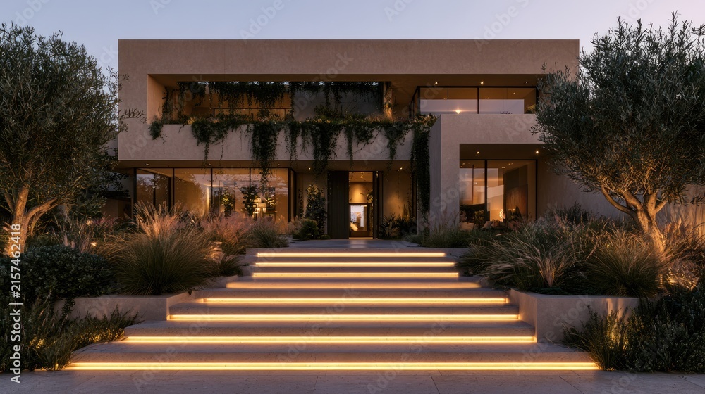 Fototapeta premium Modern luxury home entrance with illuminated steps, lush landscaping, and warm lighting