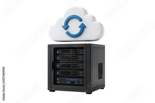 Miniature Server Rack with Cloud Symbol and Sync Arrows Cloud Computing IT Infrastructure Concept