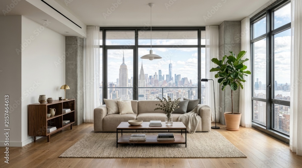 Fototapeta premium A modern living room features a large, comfortable sofa and a dark wood console table. A tall floor plant adds a touch of greenery.