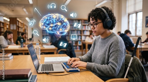 Student with disabilities uses assistive technology in library for inclusive learning and accessibility