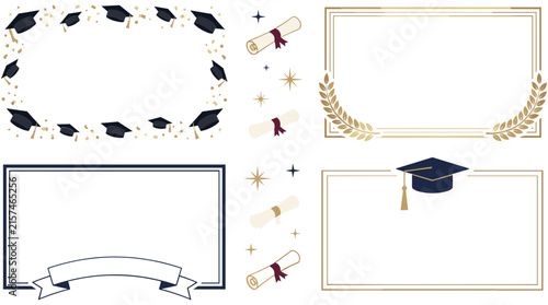 Graduation Certificate and Diploma Frame Collection with Graduation Caps, Diplomas, Laurel Wreaths, Confetti, and Elegant Academic Designs