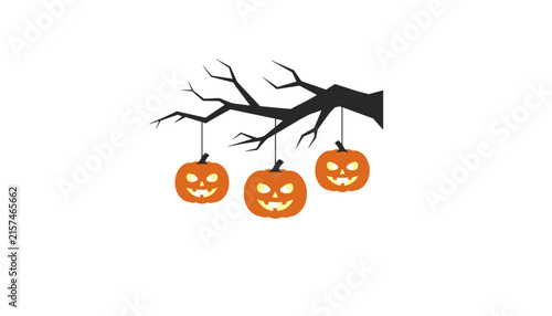 Bare spooky tree branch with three glowing jack-o-lantern pumpkins hanging down for a festive Halloween theme.