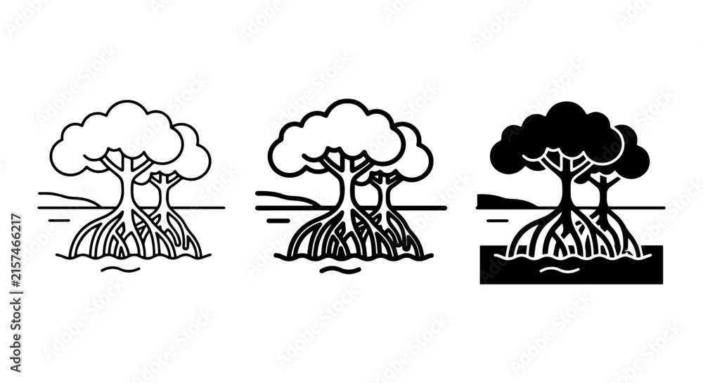 Obraz premium Mangrove Tree Icons, Coastal Ecosystem Symbols, Wetland Nature Graphics, Three Styles