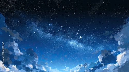 Expansive starry night sky with a luminous Milky Way arching over fluffy clouds