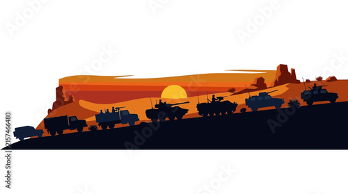 Army Vehicles Desert Sunset Silhouette Vector Illustration