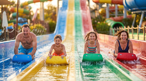 Happy family racing down colorful water slides on mats at a water park.