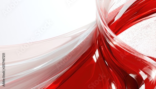 Abstract flowing ribbons of red and white with a glossy, textured finish