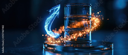 A glowing electrical arc surrounds a transparent cylindrical object with sparks