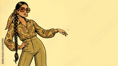 Retro 70s Comic Art Style Illustration of a South Asian Woman with a Long Braid, Vintage Fashion Mockup, Copy Space, Pop Art Aesthetic, Professional Digital Illustration Artwork