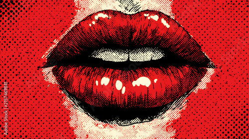 Close-up of bright red lips with white teeth in a pop art style image