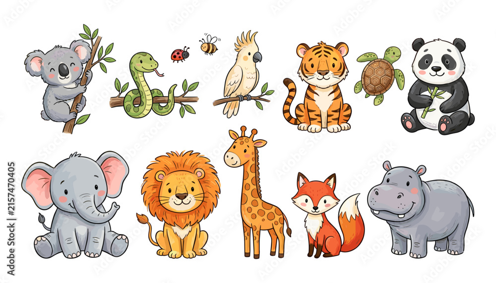 Fototapeta premium PrintCute cartoon wild jungle animals set including koala lion elephant tiger panda giraffe hippo fox snake parrot and turtle