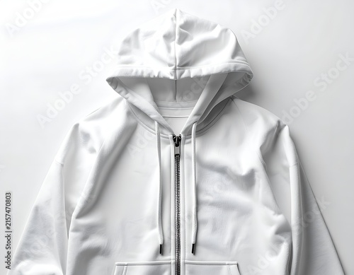 Detail shot of a white zip-up hoodie upper section.
