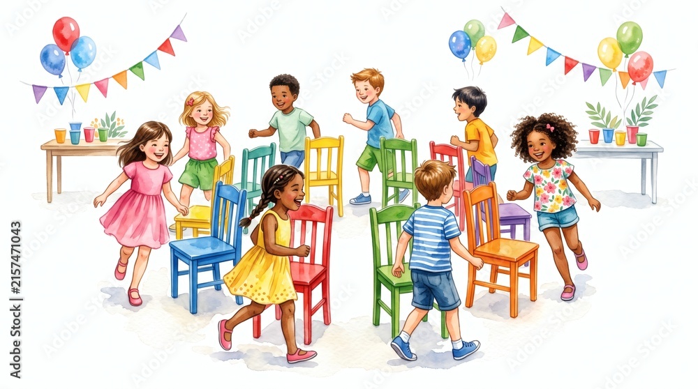 Fototapeta premium Children playing musical chairs game at a birthday party with balloons and decorations