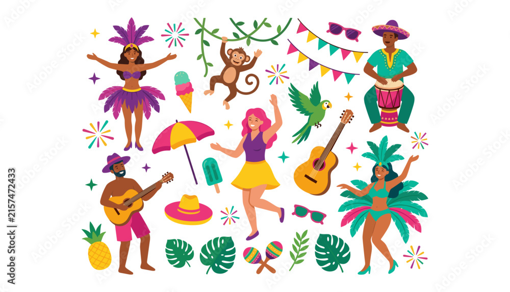 Fototapeta premium Flat vector illustration set of carnival elements featuring dancing samba performers musicians monkey parrot guitar and festive party icons