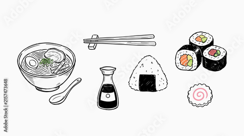 A delightful hand drawn illustration showcases traditional japanese cuisine featuring ramen noodles sushi onigiri chopsticks and a bottle of soy sauce