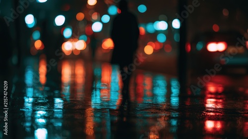 A lone figure walks down a wet, neon-lit city street at night