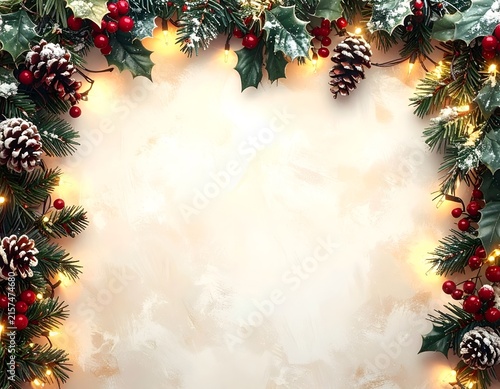 Festive Christmas evergreen border with warm lights