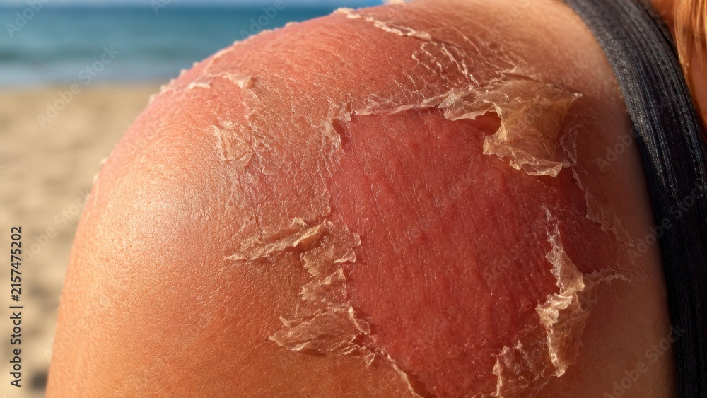 Fototapeta premium Sunburnt shoulder with peeling skin close-up